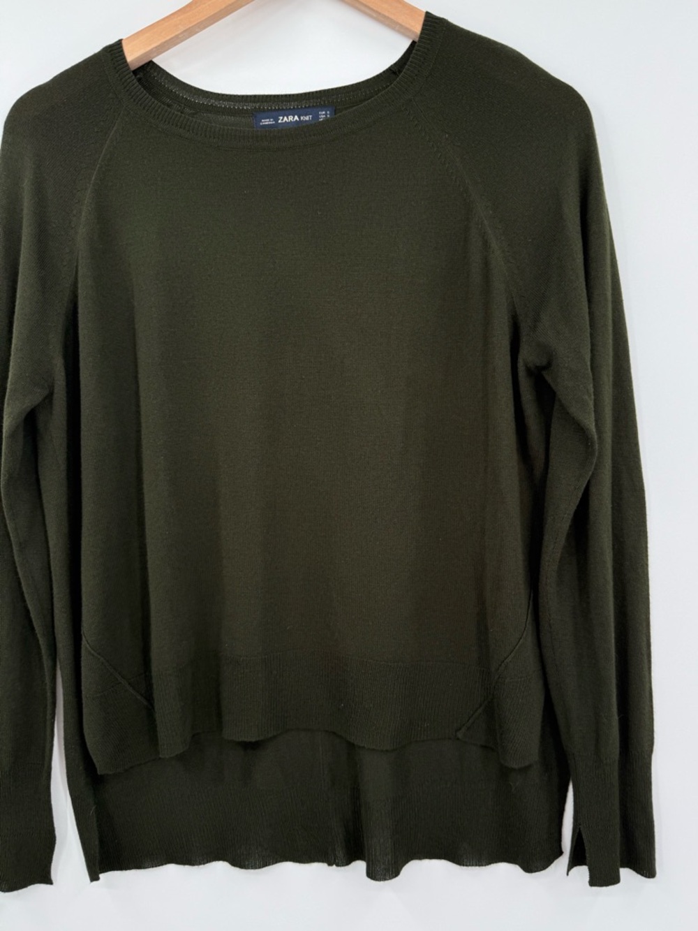 Zara Knit Raglan Crewneck Lightweight Sweater Hi-Low Hem | Forest Green | Small